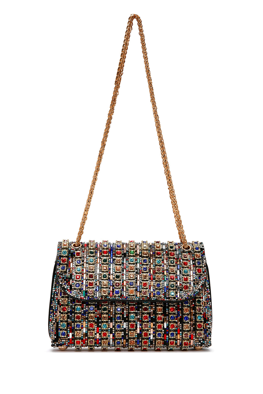 Women's Multicolored Long Chain Strap Stone-Embellished Evening Shoulder Bag