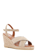 Women's Beige Ankle Strap Wedge Heel Suede Leather Espadrille Sandals | Derimod