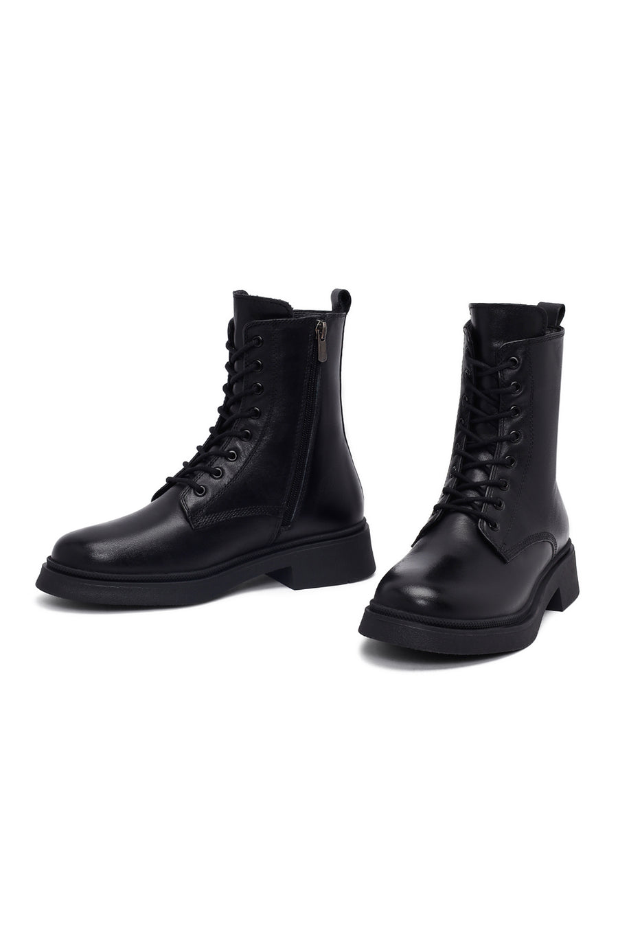 Women's Black Zippered Thick-Soled Leather Ankle Boots