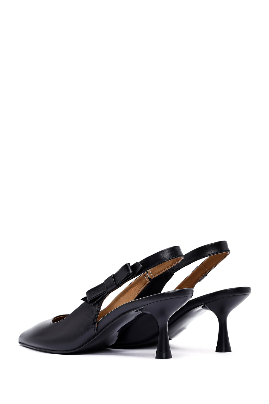 Women's Black Open Back Thin Heeled Leather Shoes
