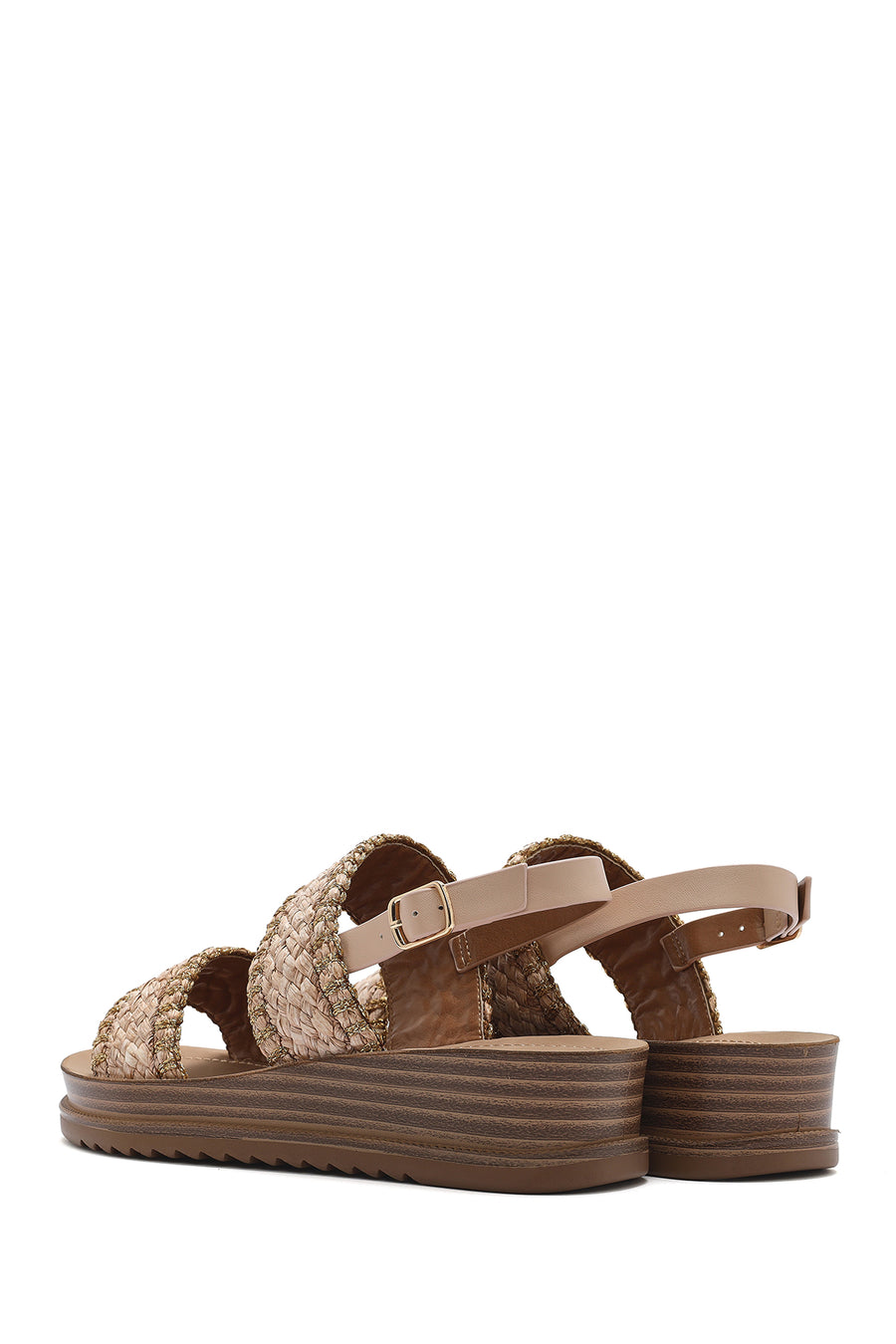 Women's Beige Ankle Buckle Thick Soled Straw Sandals