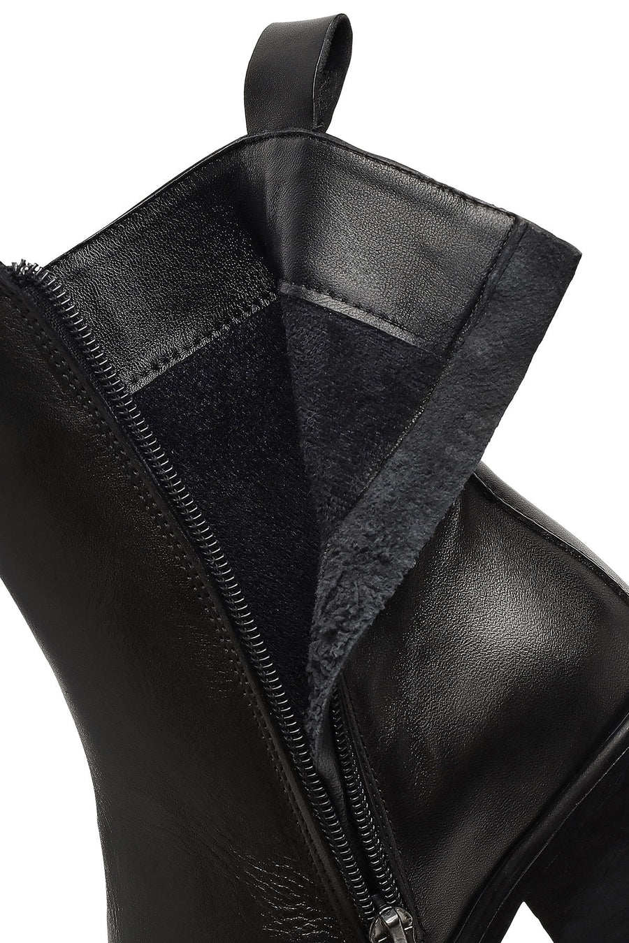 Woman Black Zip Closure Thick-Heeled Leather Boots