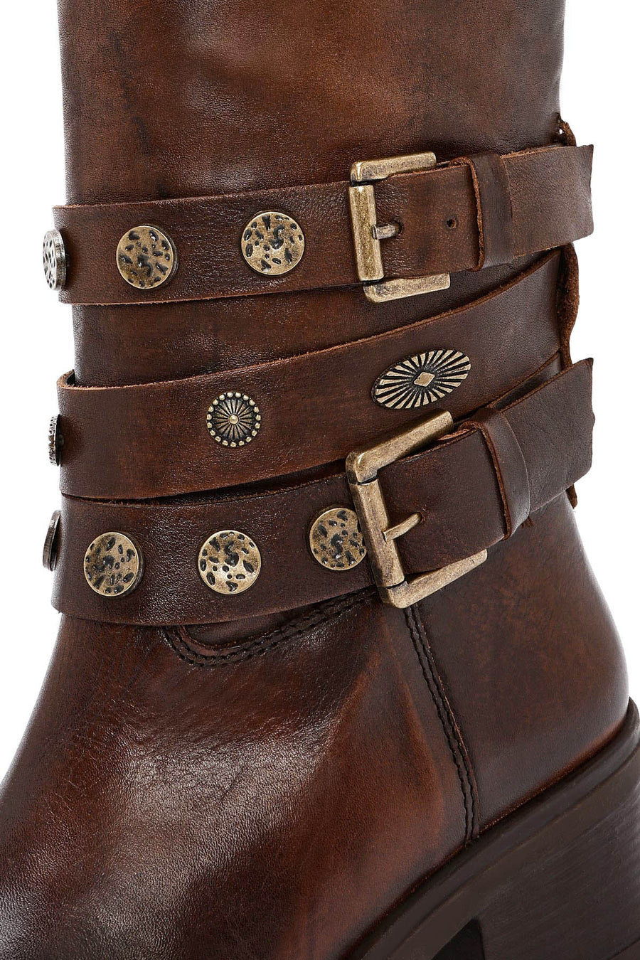 Women's Brown Chunky Heel Biker Leather Boots