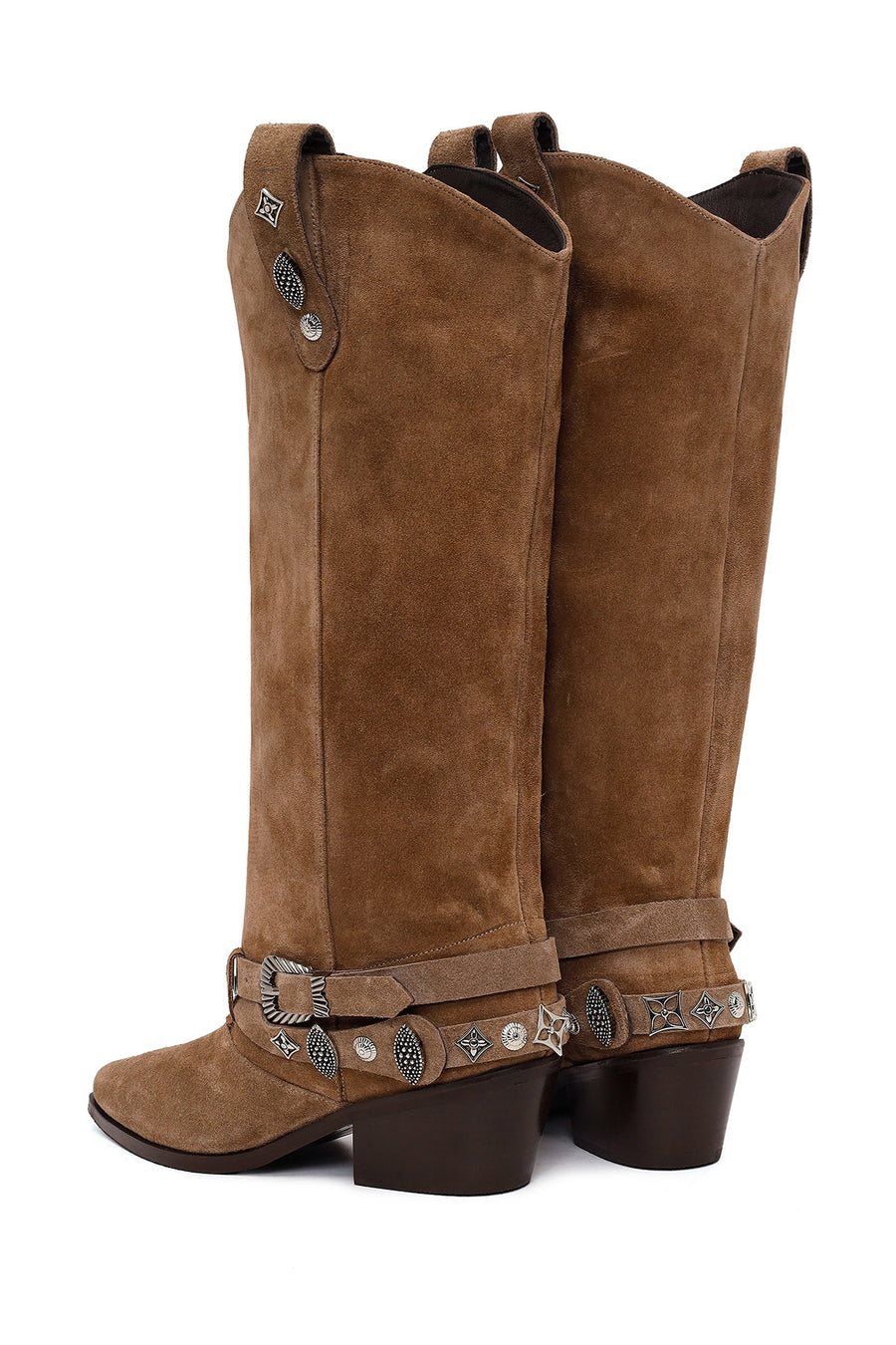 Woman Beige Thick-Heeled Suede Cowboy Boots