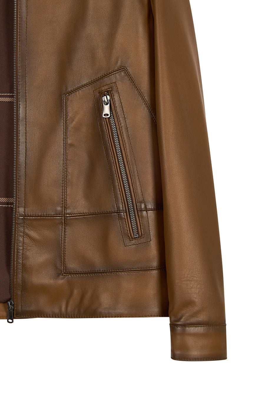 King Male Brown Stand Collar Leather Jacket