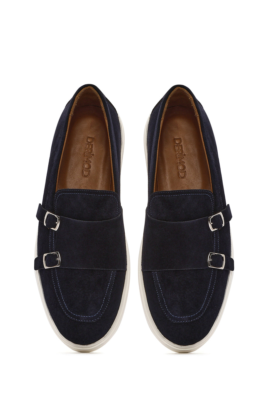 Erkek Lacivert Çift Tokalı Süet Deri Casual Loafer