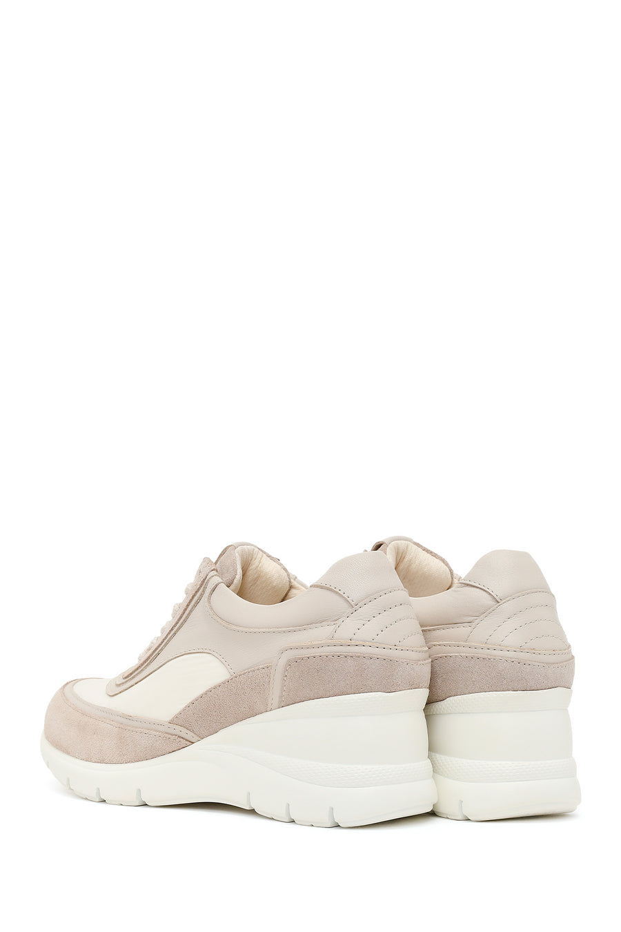 Woman Beige Lace-Up Wedge-Heel Suede Leather Sneaker