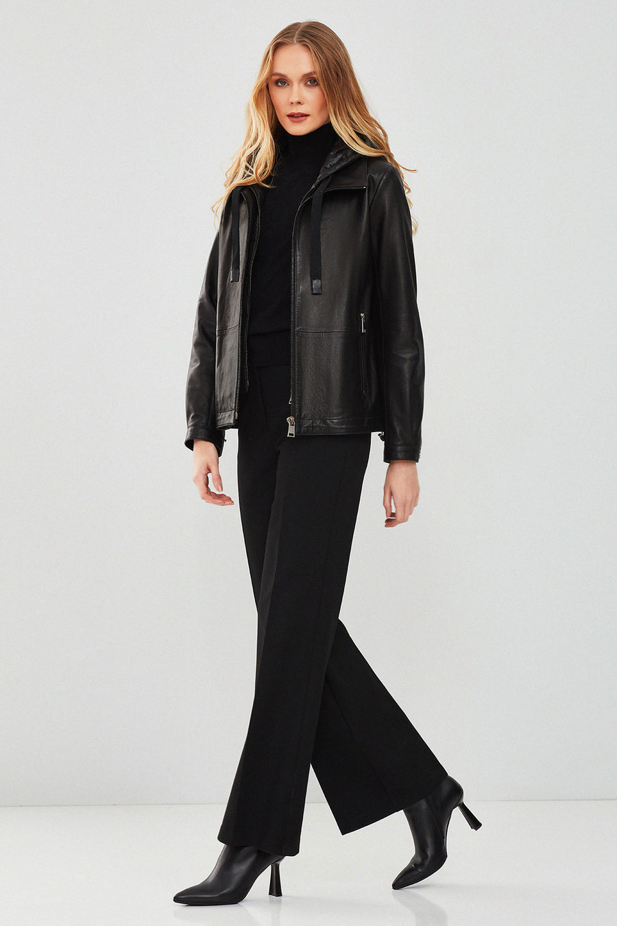 Tyler Women's Black Oversize Double Collar Hooded Leather Coat