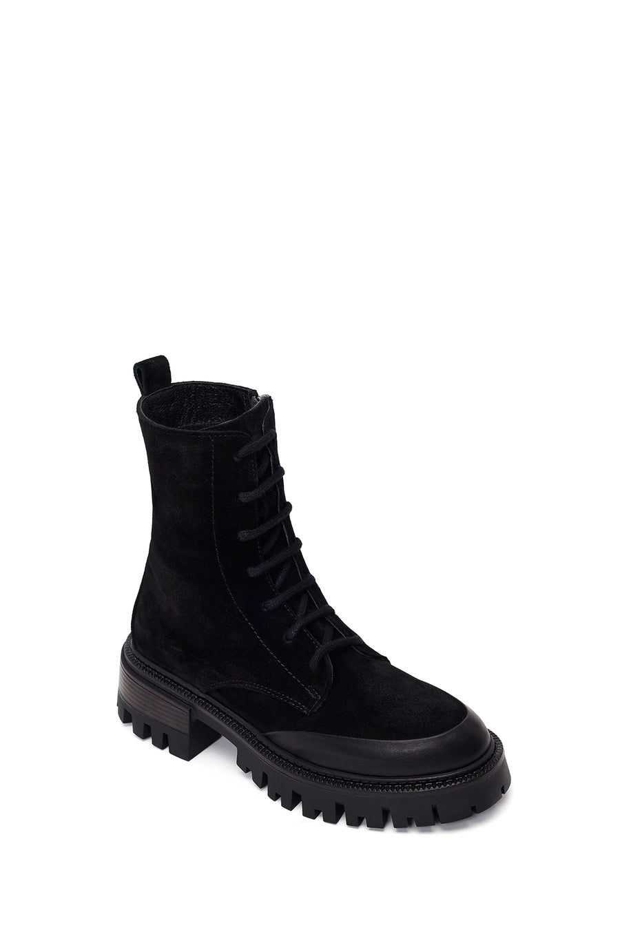 Woman Black Zip Closure Chunky-Heeled Suede Combat Boots
