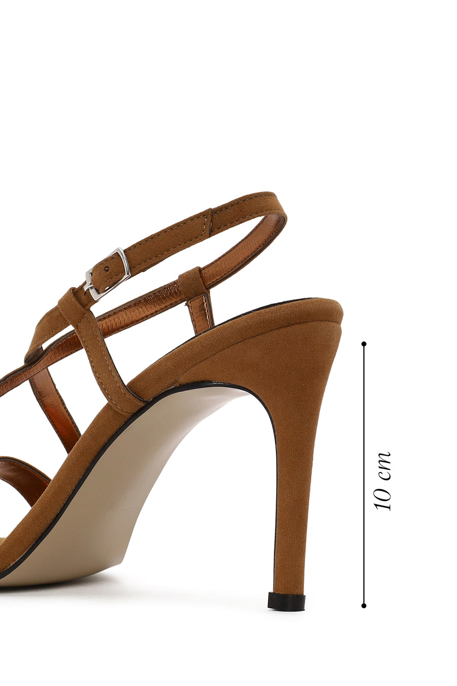 Woman Tan Ankle-Buckle High Thin-Heel Suede Sandal