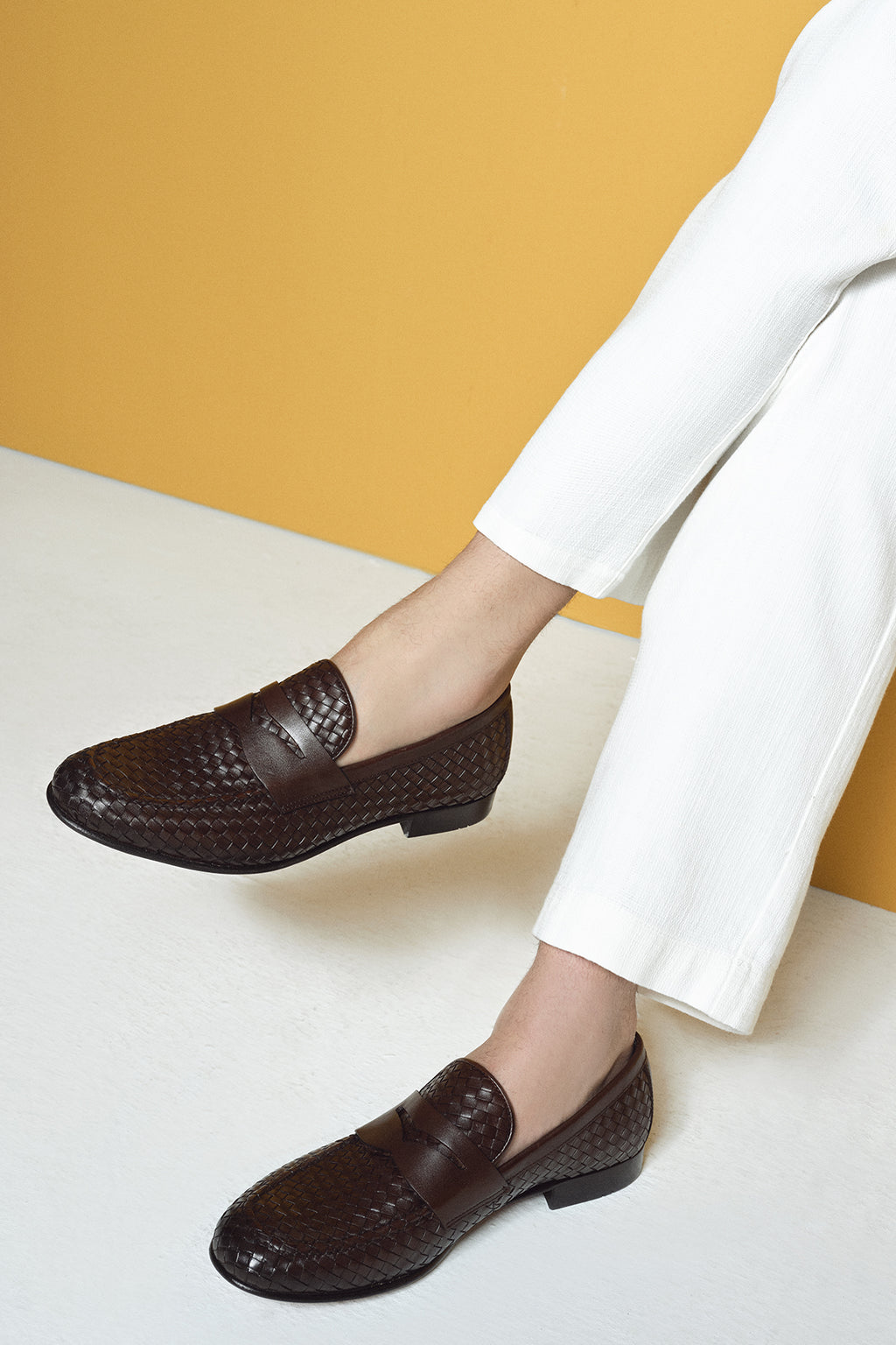Erkek Kahverengi Örgü Deri Klasik Loafer