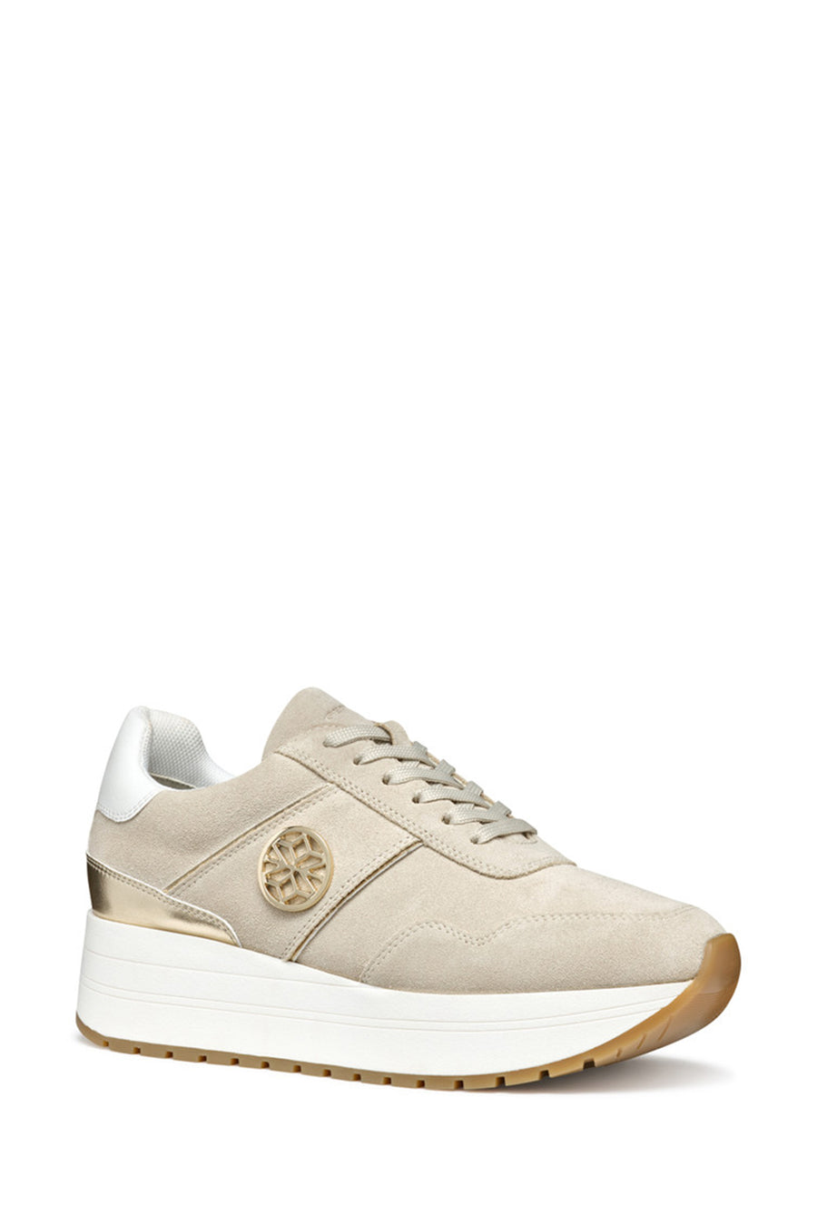 Geox Women Beige Low-Top Lace-Up Thick Sole Suede Leather Sneaker