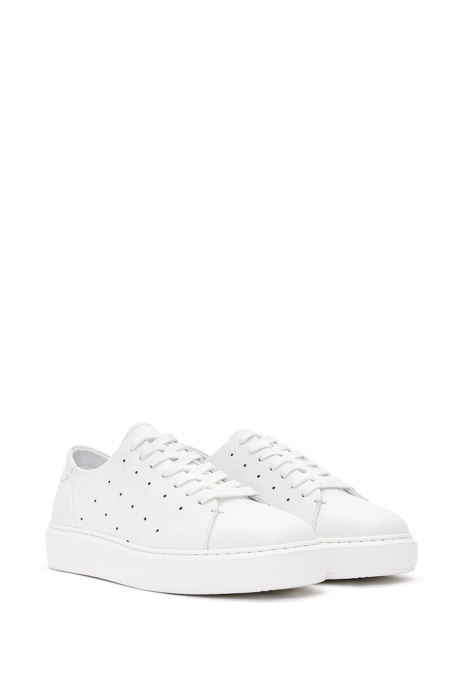 Men's White Lace-up Thick-Sole Leather Sneaker