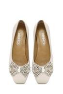 Women's Cream Stoned Leather Ballerina | Derimod