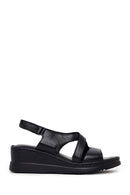 Woman Black Wedge Heel Leather Comfort Sandal | Derimod