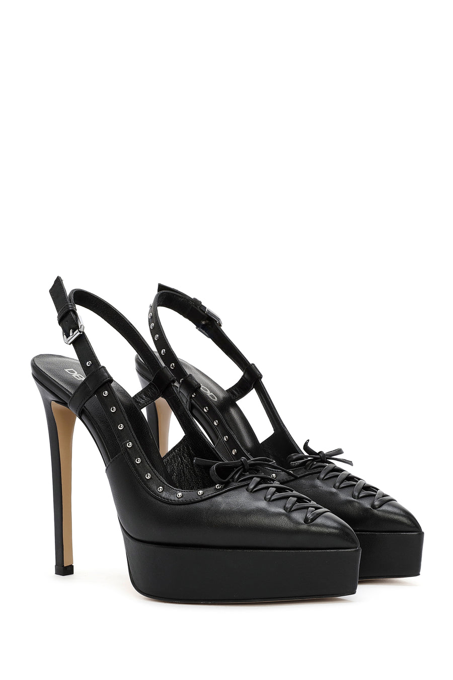 Women's Black Slingback Platform High Heel Leather Shoes