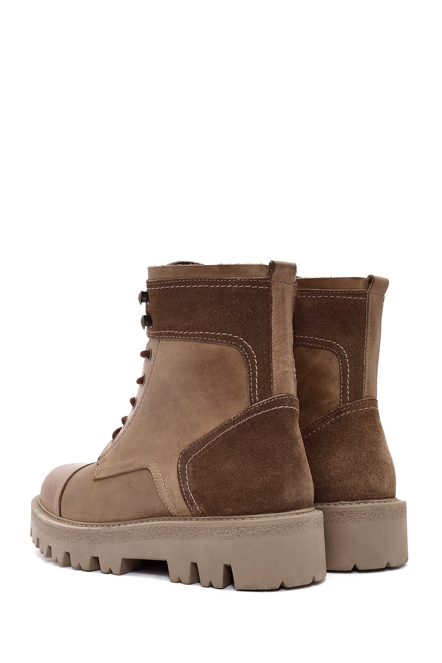 Men's Green Lace-Up Zipper Detailed Leather Casual Boots