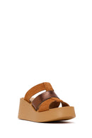 Woman Tan Wedge-Heel Suede Leather Comfort Slippers | Derimod