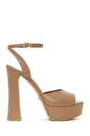 Woman Beige Ankle-Buckle High Thick-Heeled Platform Leather Sandal | Derimod