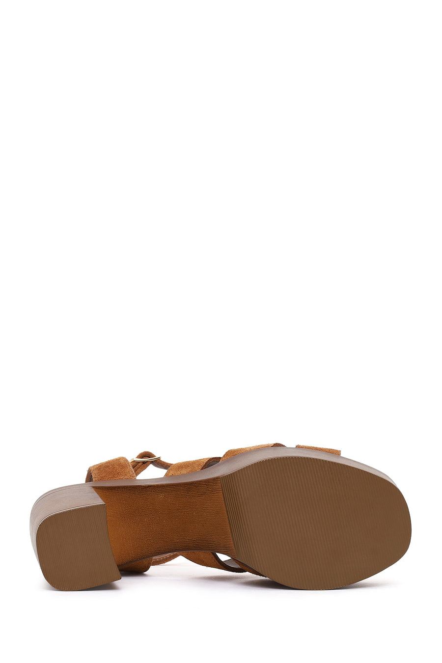 Women's Tan Ankle Buckle Thick High Heel Suede Leather Sandals