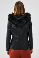 Meggy Women's Black Hooded Collar Fur Regular Leather Jacket | Derimod