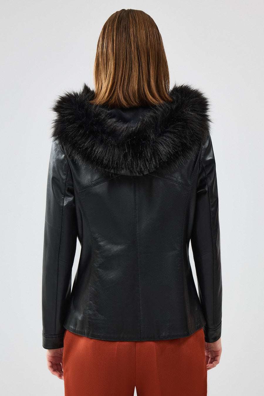 Meggy Women's Black Hooded Collar Fur Regular Leather Jacket