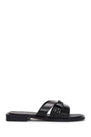 Women's Black Knitted Detailed Leather Slippers | Derimod