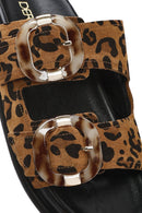 Women's Leopard Double Buckled Suede Leather Slippers | Derimod