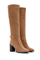 Women's Tan Suede Leather Heeled Boots | Derimod