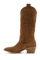 Women's Tan Suede Leather Heeled Cowboy Boots | Derimod