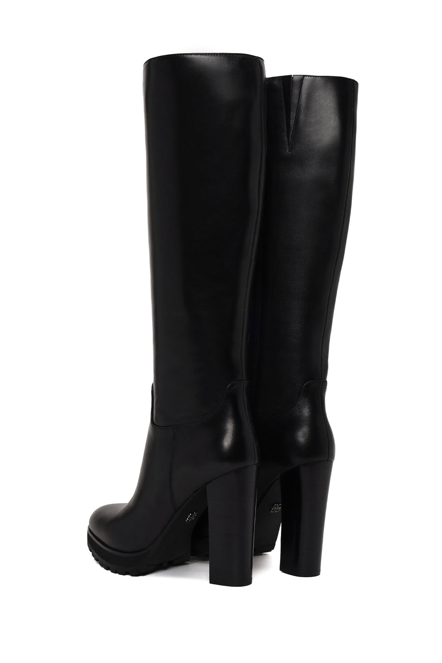 Woman Black Zip Closure High Thick-Heeled Leather Boots
