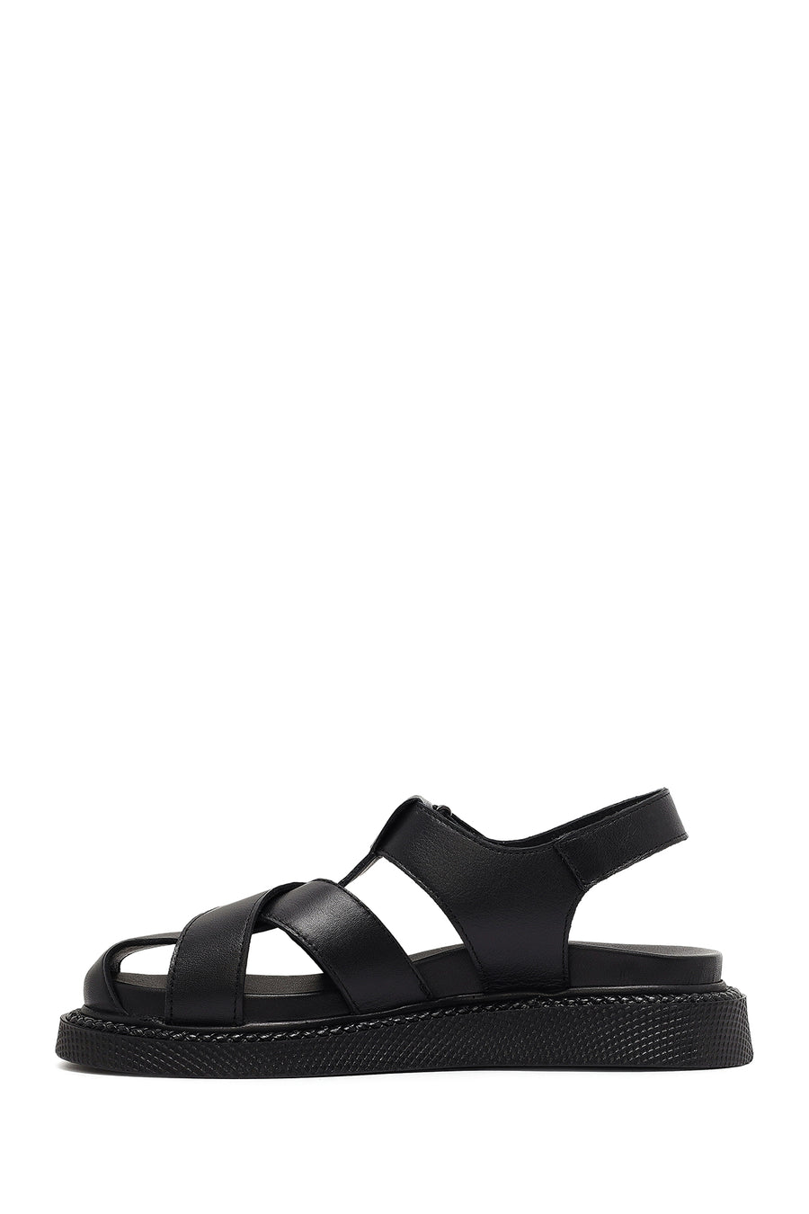 Women's Black Strappy Thick-Sole Leather Sandals