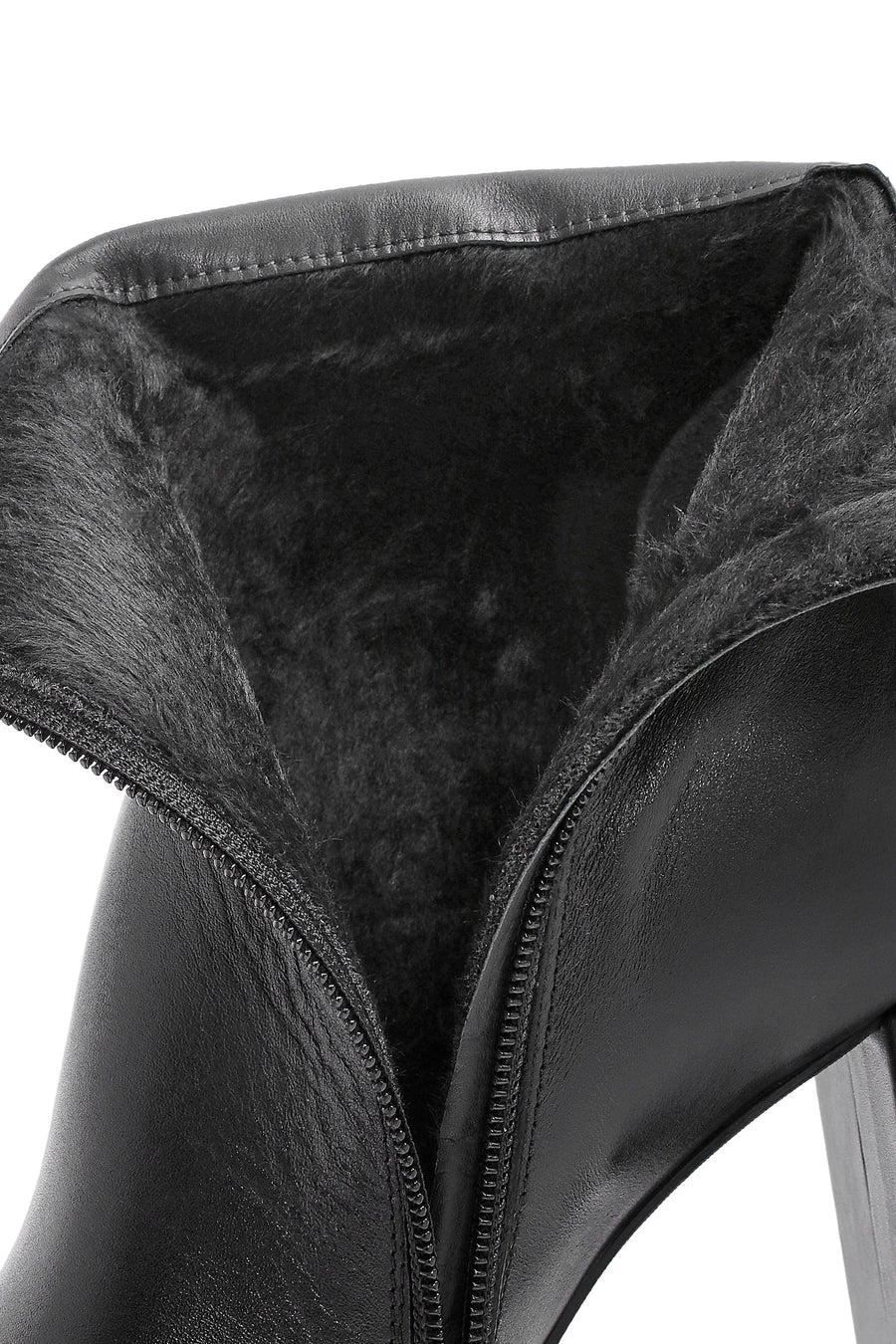 Woman Black Zippered Chunky High Heels Leather Boat