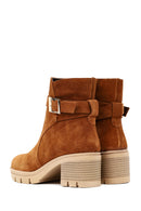 Women's Tan Thick Heeled Zippered Suede Leather Boot | Derimod