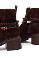 Woman Brown Zip Closure Chunky-Heeled Suede Leather Boots | Derimod