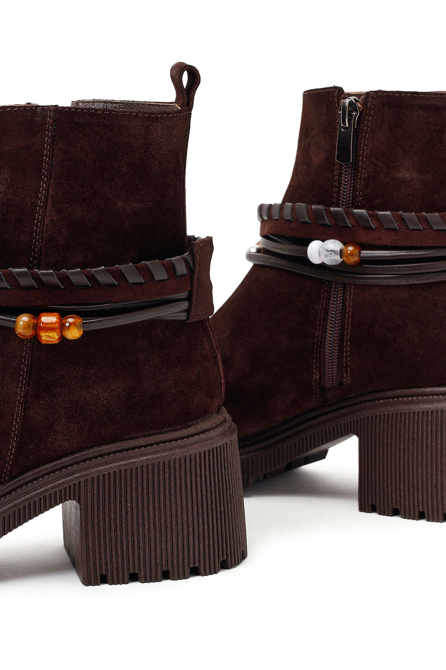 Woman Brown Zip Closure Chunky-Heeled Suede Leather Boots