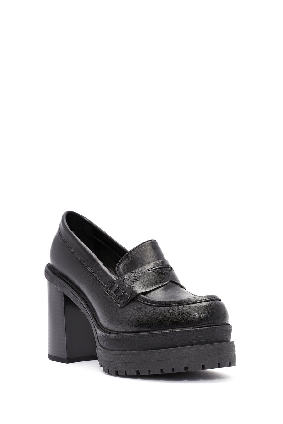 Women's Black Thick Heeled Leather Masculine Loafer