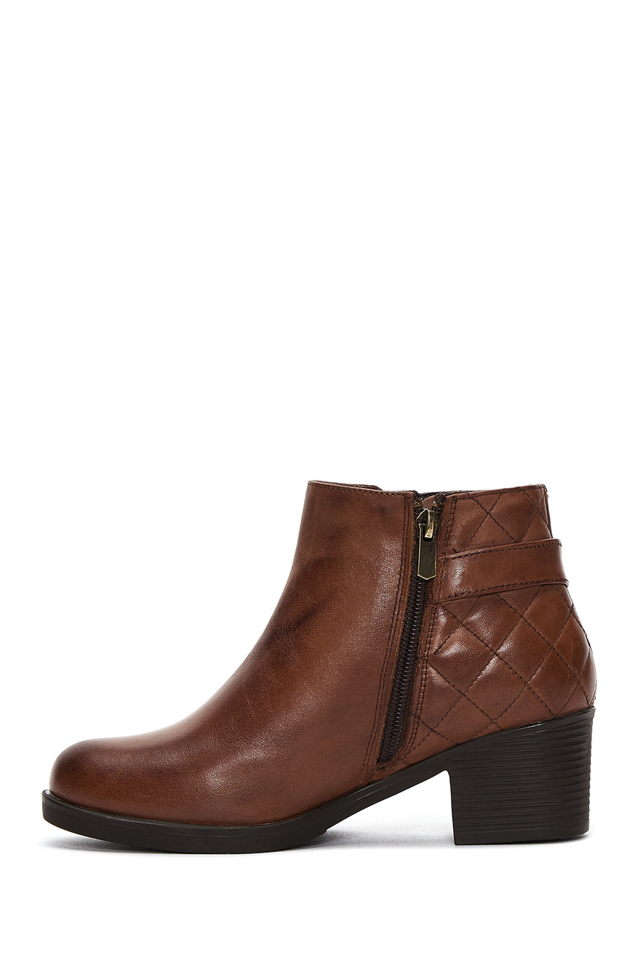 Women's Brown Zippered Buckle Detailed Thick Heeled Leather Boots