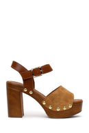 Woman Tan Ankle-Buckle Platform High Thick-Heeled Suede Sandal | Derimod