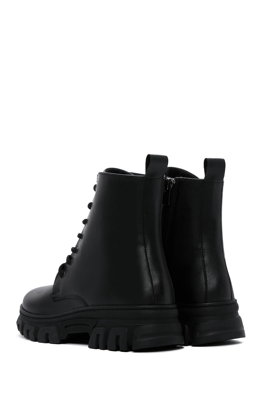 Women's Black Lace-Up Zipper Detailed Combat Boots
