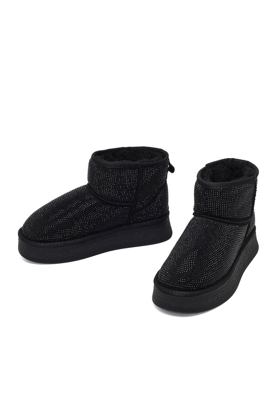 Woman Black Thick-Soled Embellished Leather Teddy Boots