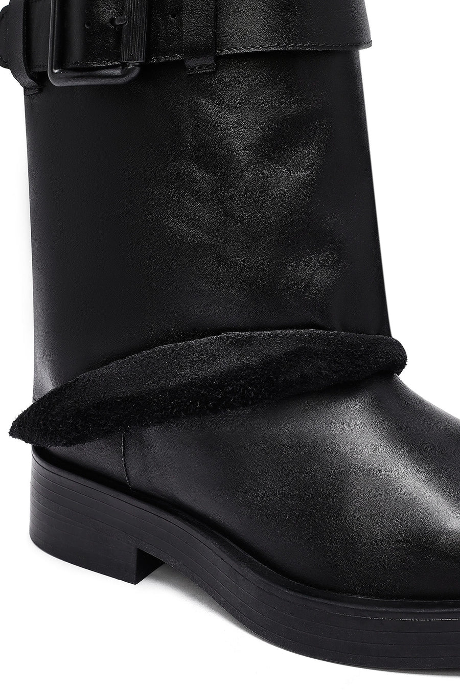 Women's Black Buckled Biker Leather Boot