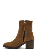 Women's Brown Heeled Zippered Suede Leather Boots | Derimod