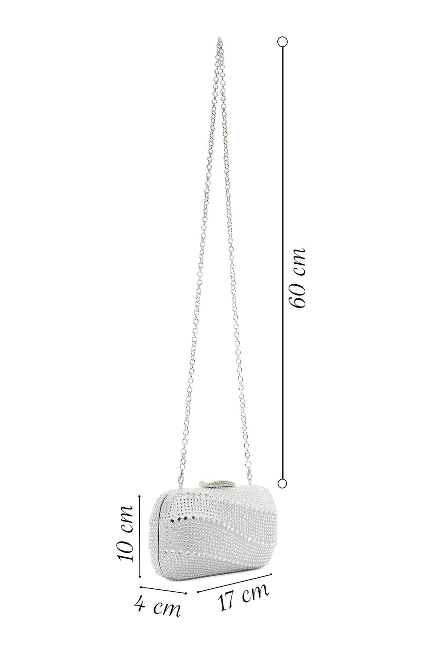 Women's Silver Long Chain Strap Stone Mini Box Evening Bag