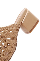 Women's Beige Knitted Short Thick Heeled Slippers | Derimod