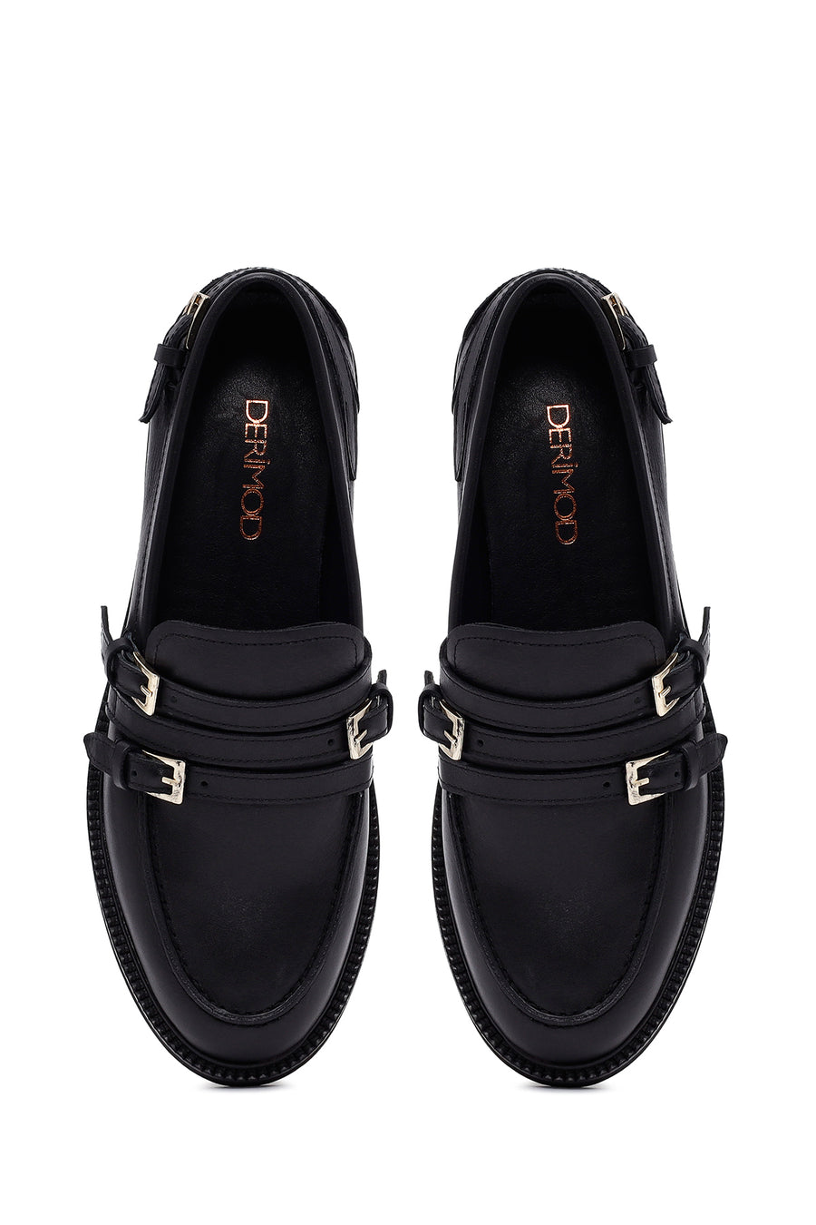 Woman Black Buckled Leather Masculine Loafer