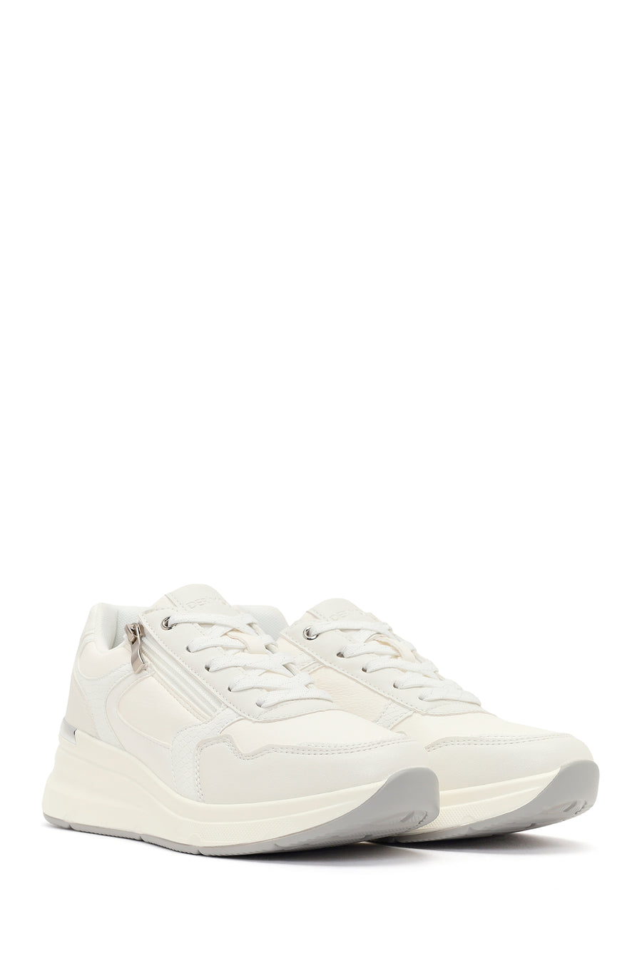 Woman White Side-Zip Lace-Up Thick-Sole Sneakers