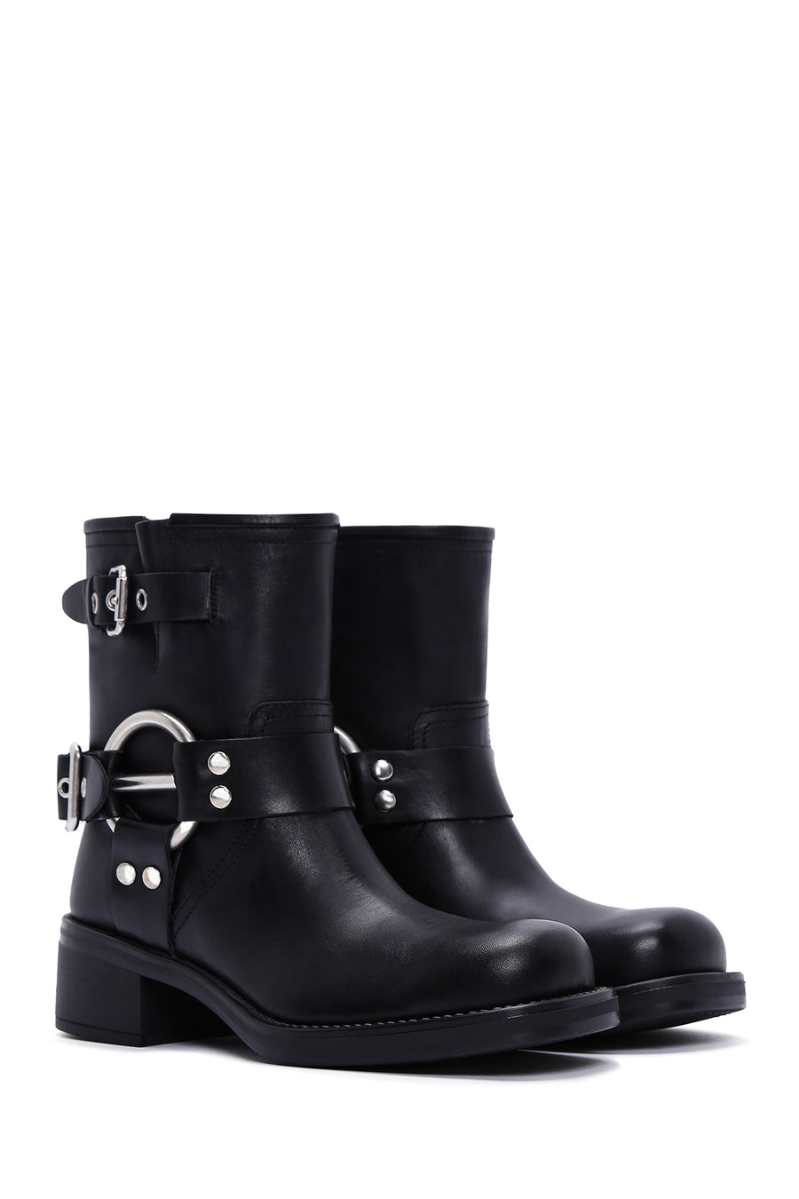 Women's Black Leather Buckle Boots