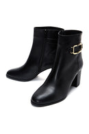Women's Black Zippered Buckle Detailed Thick Heeled Leather Boots | Derimod
