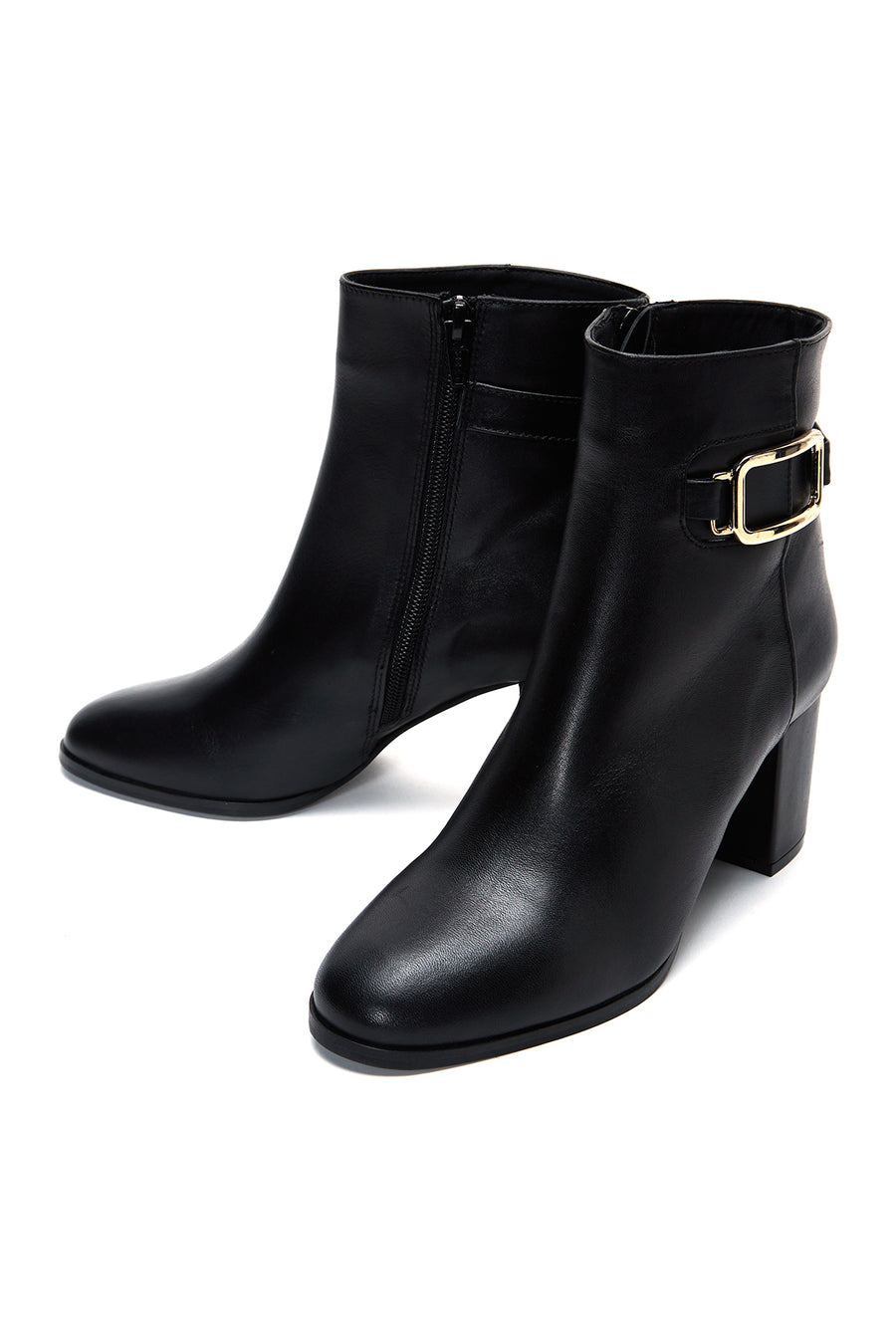 Women's Black Zippered Buckle Detailed Thick Heeled Leather Boots